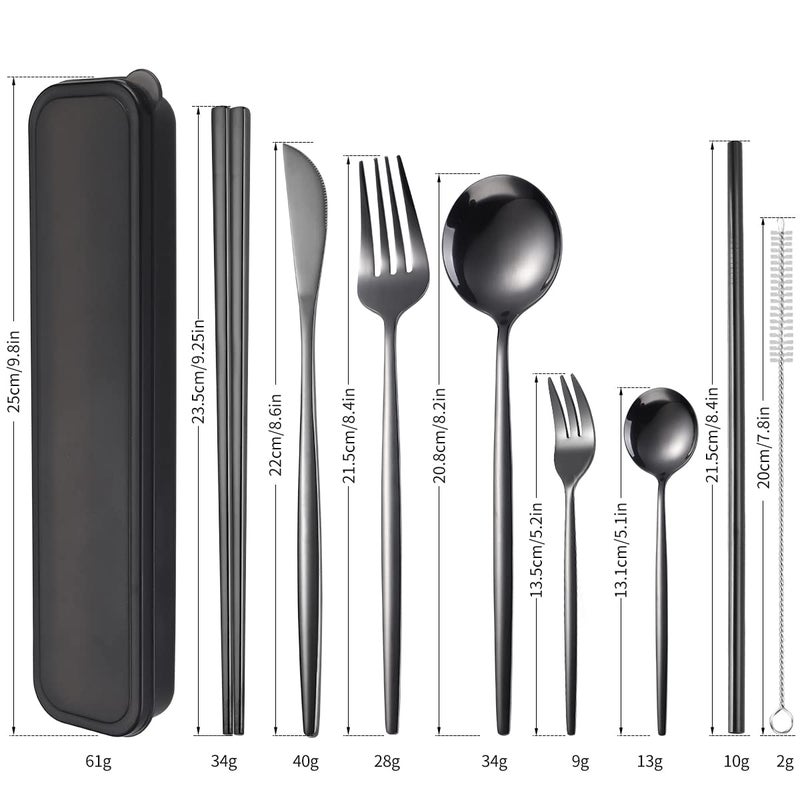 AARAINBOW 8 Pieces Stainless Steel Flatware Set Portable Reusable Cutlery Set Travel Utensils Set Including Chopsticks Knife Fork Spoon Straws Cleaning Brush Dishwasher Safe (Black) - Image 2